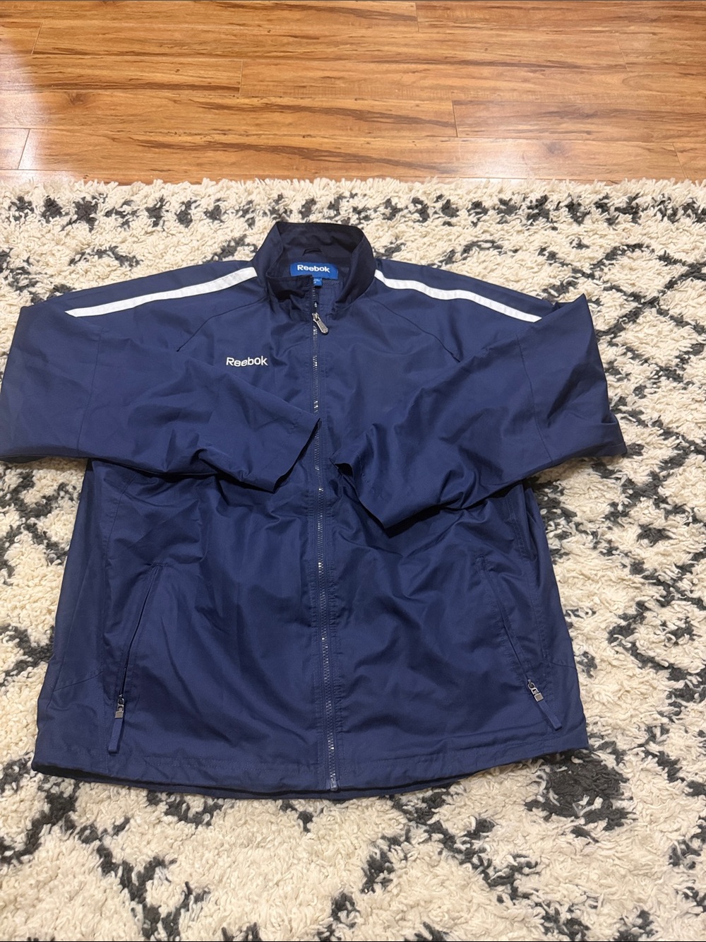 Reebok Men's Navy Windbreaker Jacket with White Shoulder Stripe